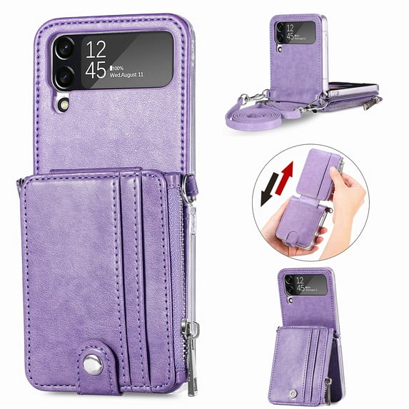 Nalacover for Samsung Galaxy Z Flip4 Crossbody Wallet Case with Detachable Card Slots Shoulder Strap, Zipper Pocket Premium PU Leather Shockproof Flip Cover with Kickstand Lanyard Case, Purple