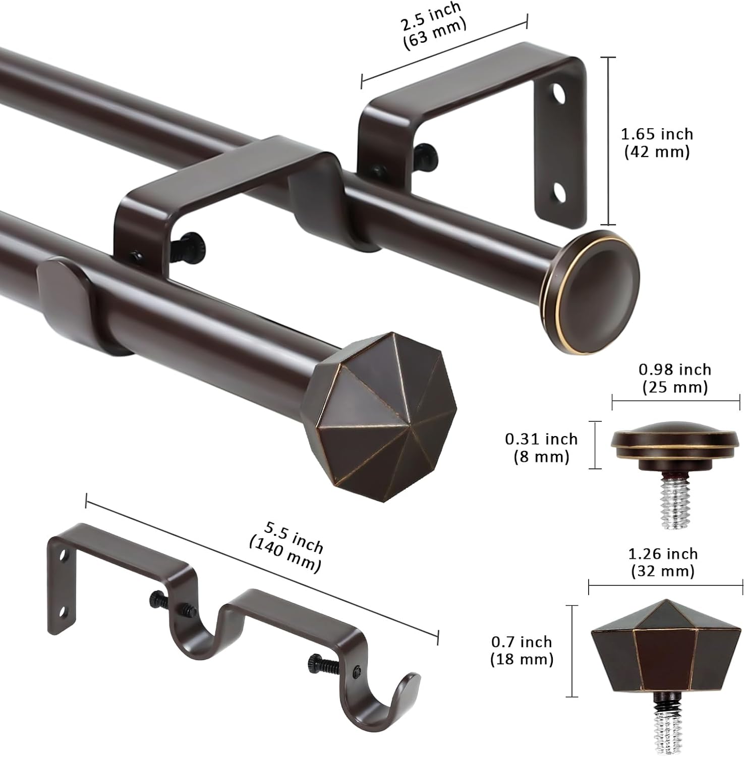 eTeckram 5/8" Double Curtain Rod with Chiodo Finials,Bronze Gold,48‘’-84‘’