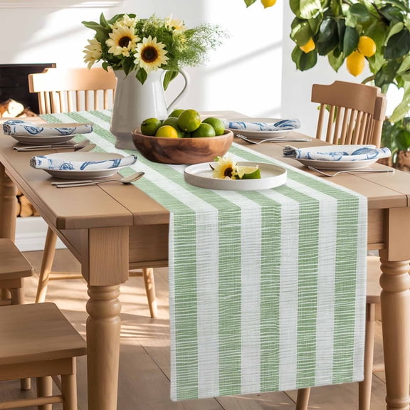 Farmhouse Sage Green Striped Linen Table Runner-90 Inch Long Vintage Country Table Runners Linen Burlap Tablerunner for Kitchen Dining Room Holiday Party
