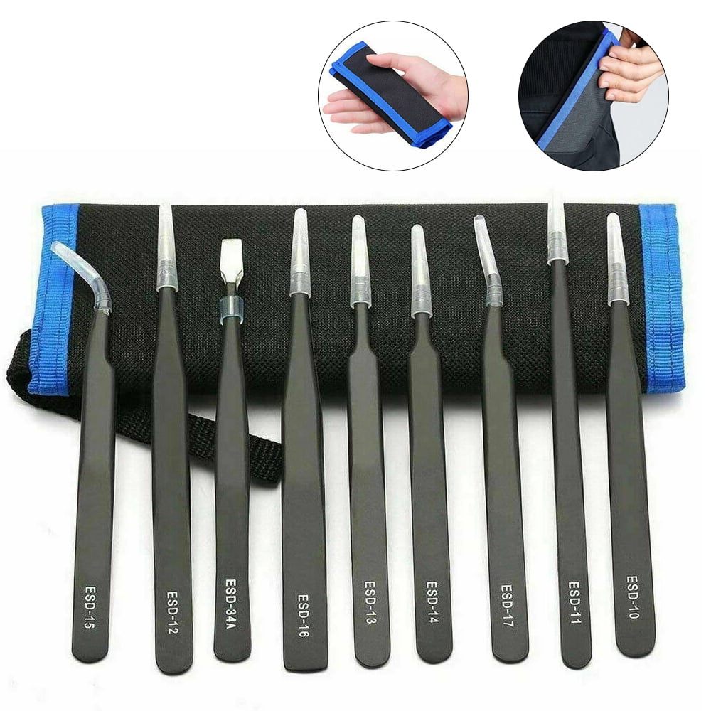 Tweezers, 9Pcs Professional Straight Slant Tweezers Stainless Steel