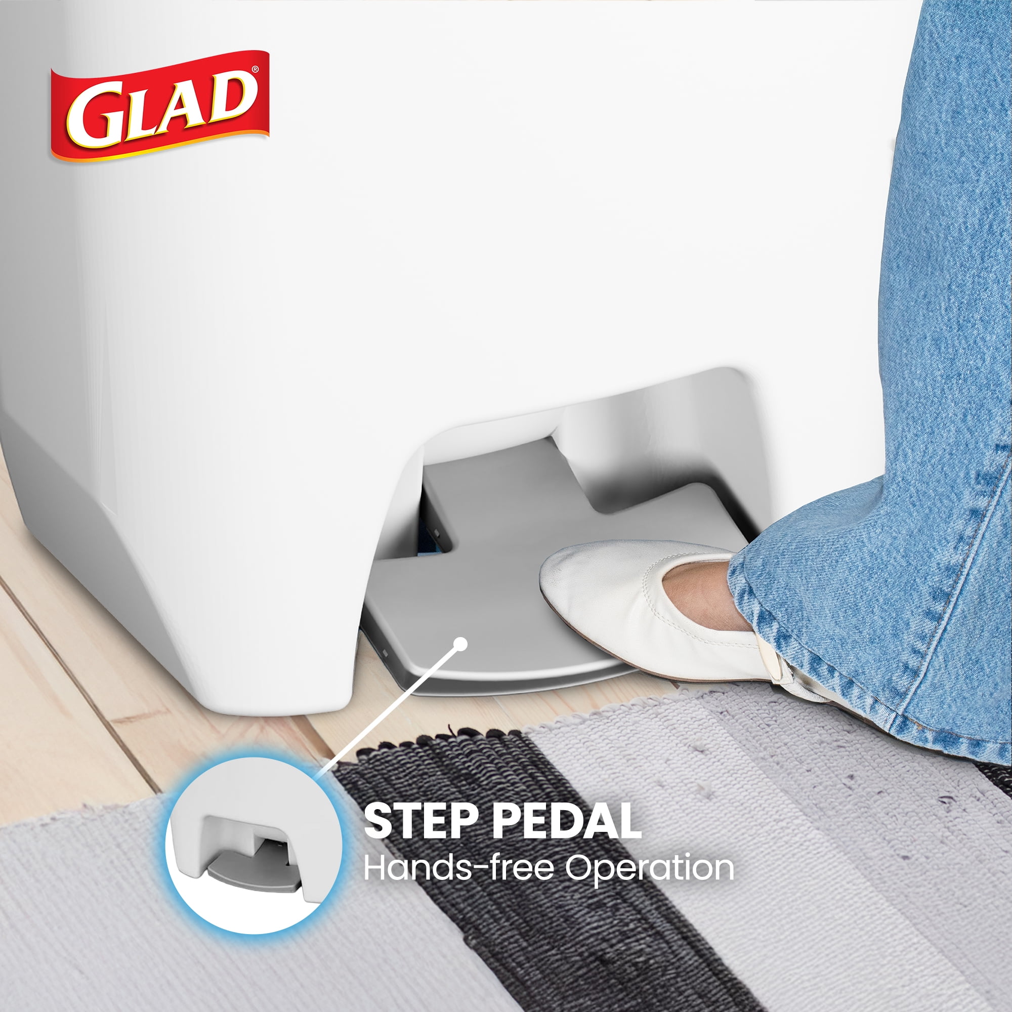 Glad Kitchen Trash Can with Lid, Step Foot Pedal and Garbage Bag Rings, 20 Gallon, White