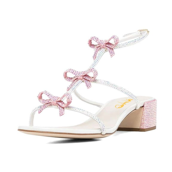 XYD Women Stylish Rhinestone Crossover Strap Bow Knots Sandals Open Toe Gladiator Chunky Heels Party Shoes Size 7 White Pink
