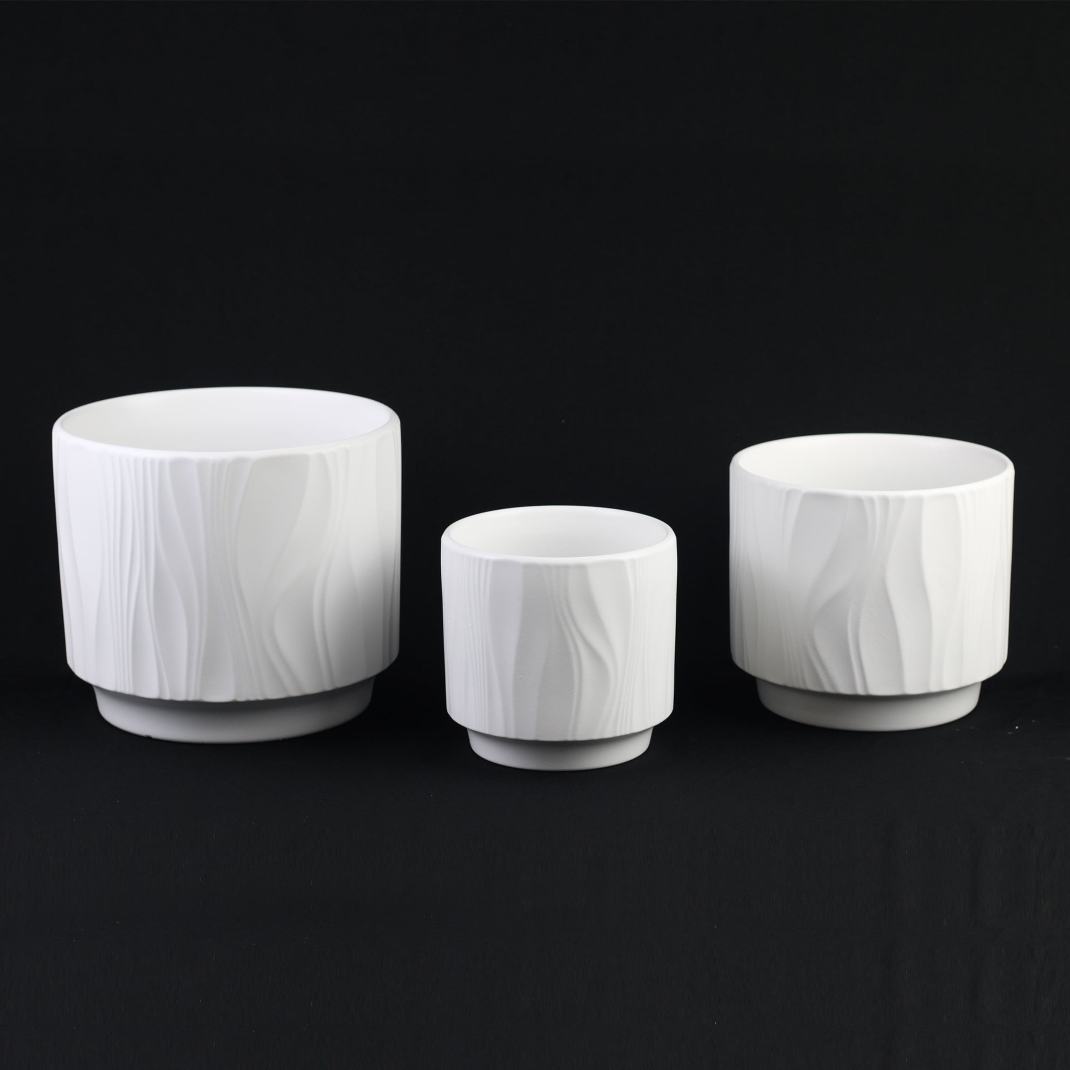 Stoneware Round Planter Set of 3 with Drainage Holes, White Textured Ceramic Flower Pots