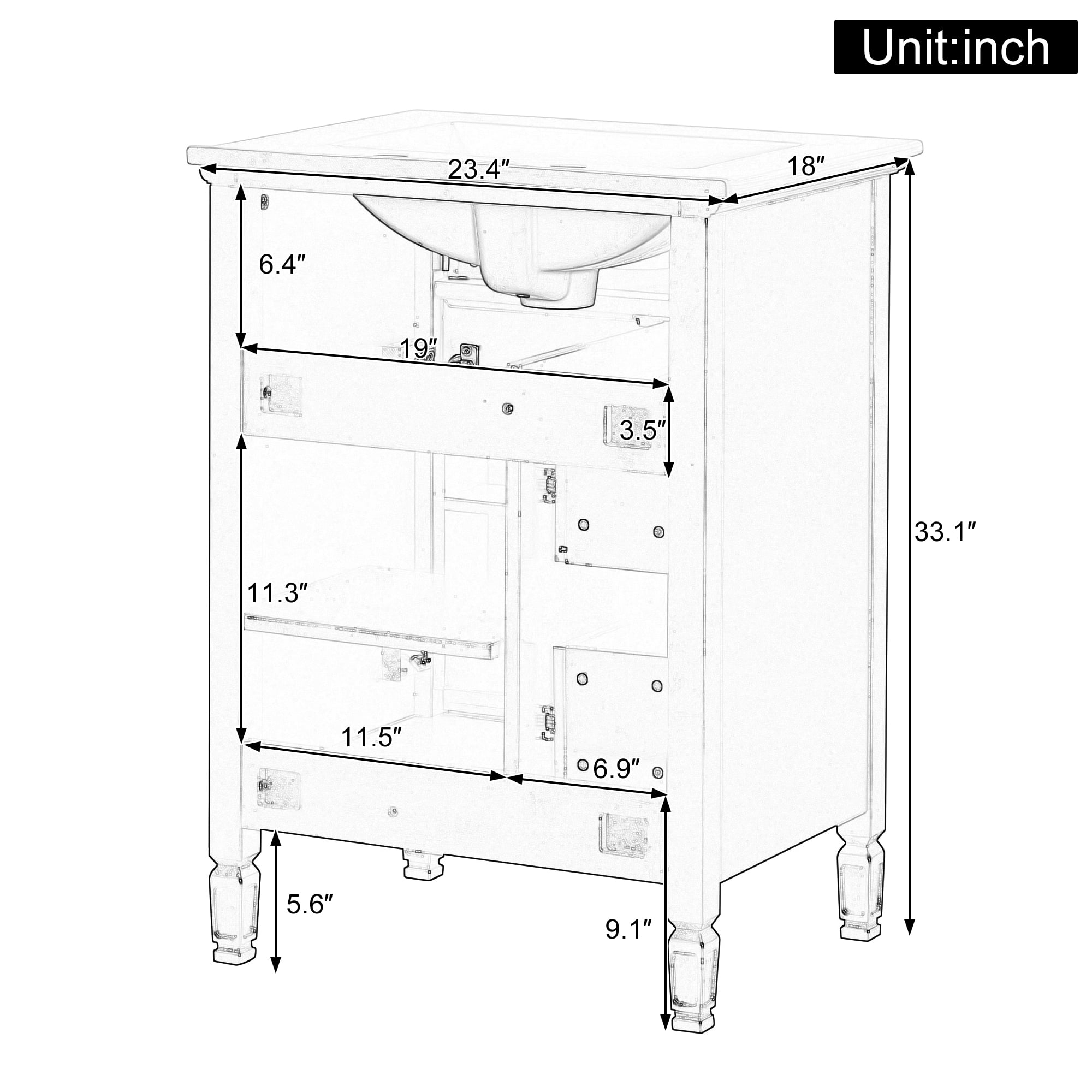 Euroco 24-Inch Bathroom Vanity with Sink, Solid Wood and MDF Cabinet with One Flip Drawer, Two Standard Drawers, and Adjustable Shelf, Freestanding Green Vanity for Bathroom Storage