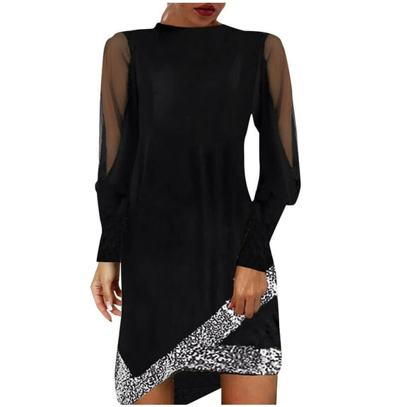 Black and Friday Deals 2023 Lindreshi Fall Dresses for Women 2023 Homecoming Dresses Women Sexy Pullover Round-Neck Solid Color Lace Patchwork Long Sleeve Dress