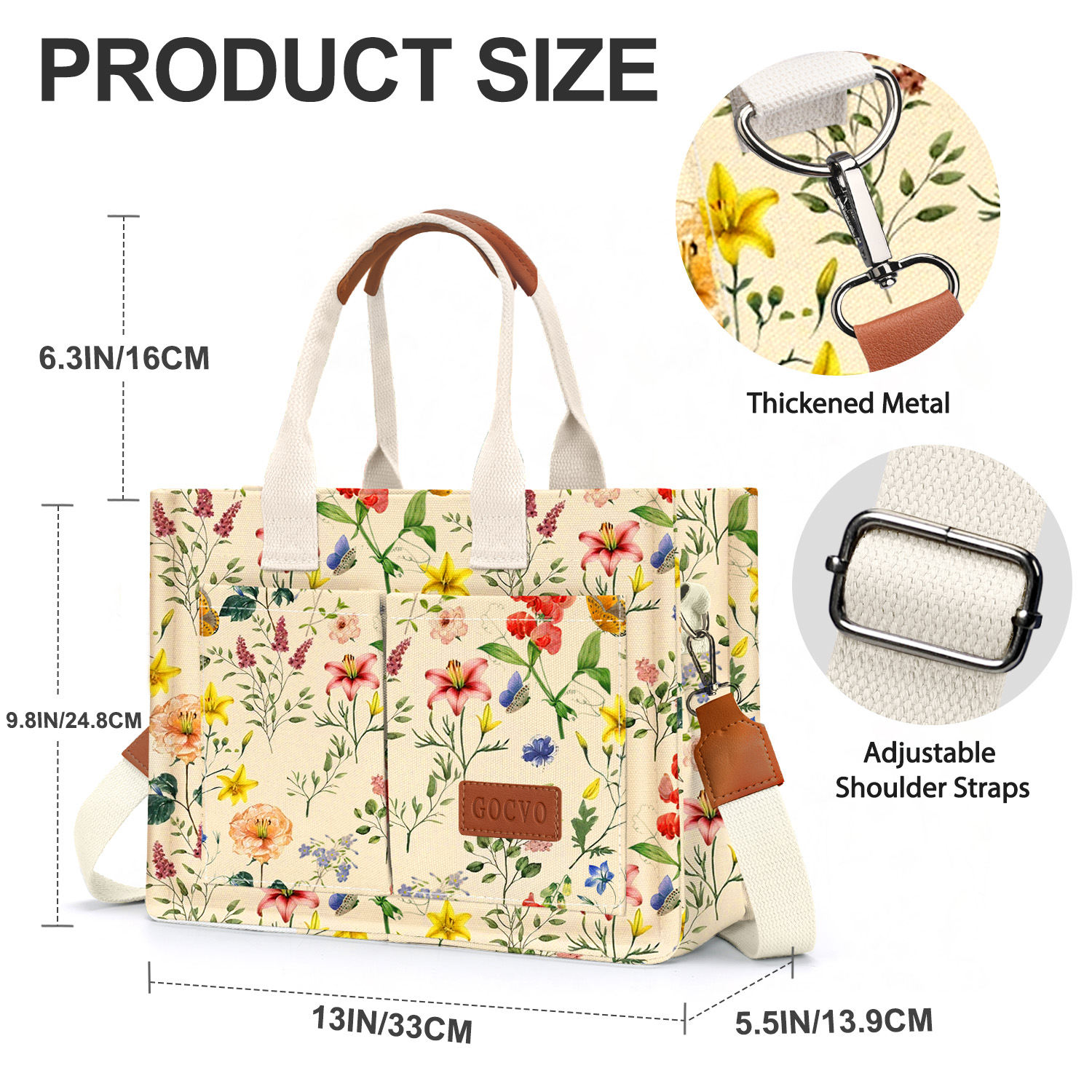 Gocvo Canvas Tote Bag, Large Multi-Pocket, Retro Flower photo 6