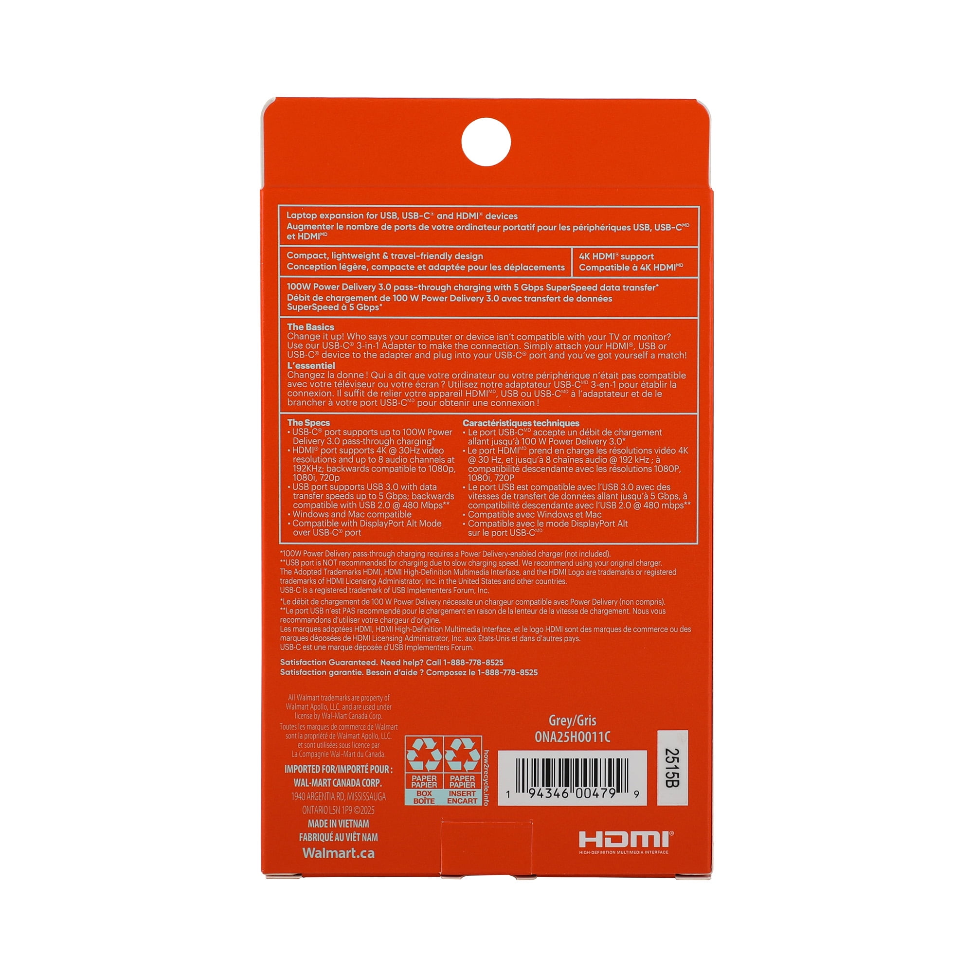 Onn. USB-C, HDMI, USB 3.0 3-in-1 Adapter with Power Delivery 3.0 - Grey, 4 IN. 10 cm Cable