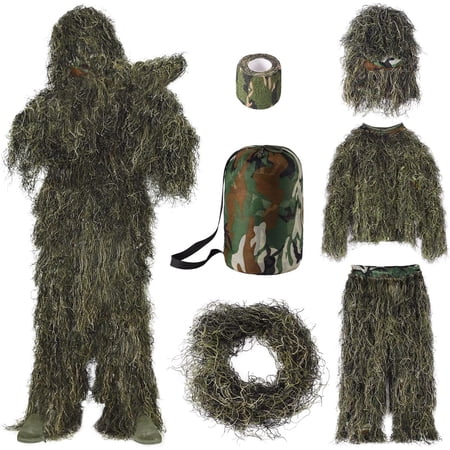 5 in 1 Ghillie Suit – 3D Camouflage Hunting Suits Jacket Pants Hood Carry Bag for Adults & Youth M/L/XL/XXL