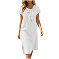 thumbnail image 4 of Karymi Spring Dresses for Women Fake Cotton Linen Midi Dress, Short Sleeve V-Neck Bow Tie Neck Shift Dress with Back Zipper and Side Slits, Solid Loose Dress Easter Dresses for Women, 4 of 8