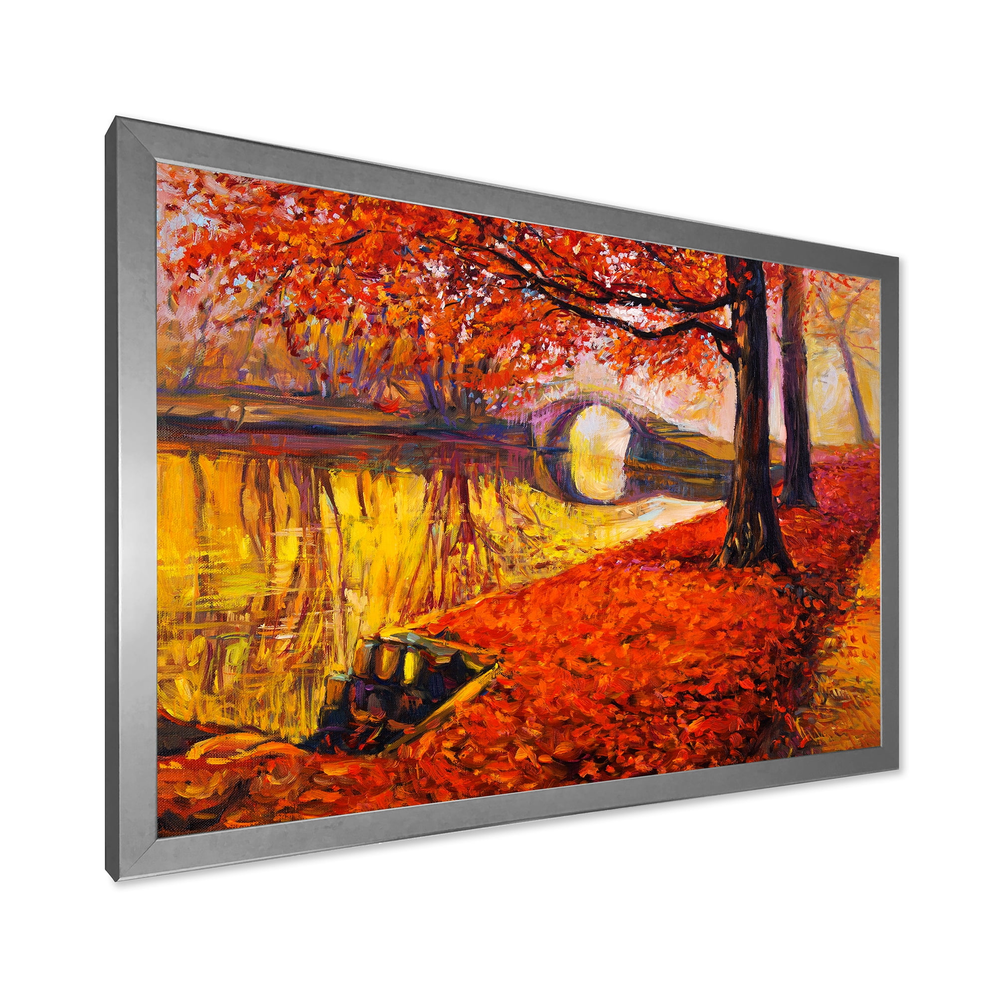 Designart 'Little Bridge In Deep Orange Autumn Landscape I' Traditional Framed Art Print