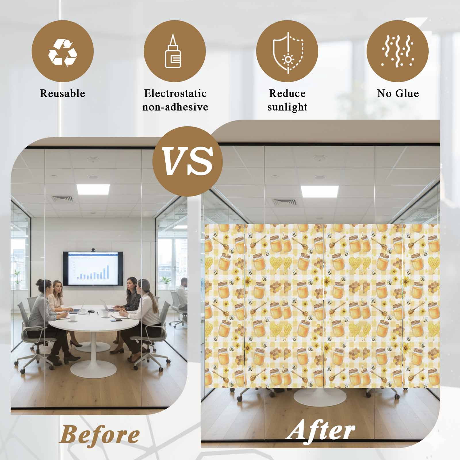 Honey and Honeycomb Window Privacy Film, Yellow Theme Bee Sunflower Buffalo Plaid Frosted Glass Window Clings Static Cling UV Heat Blocking Reusable Door Sticker for Bathroom 23.6 x 59 Inch
