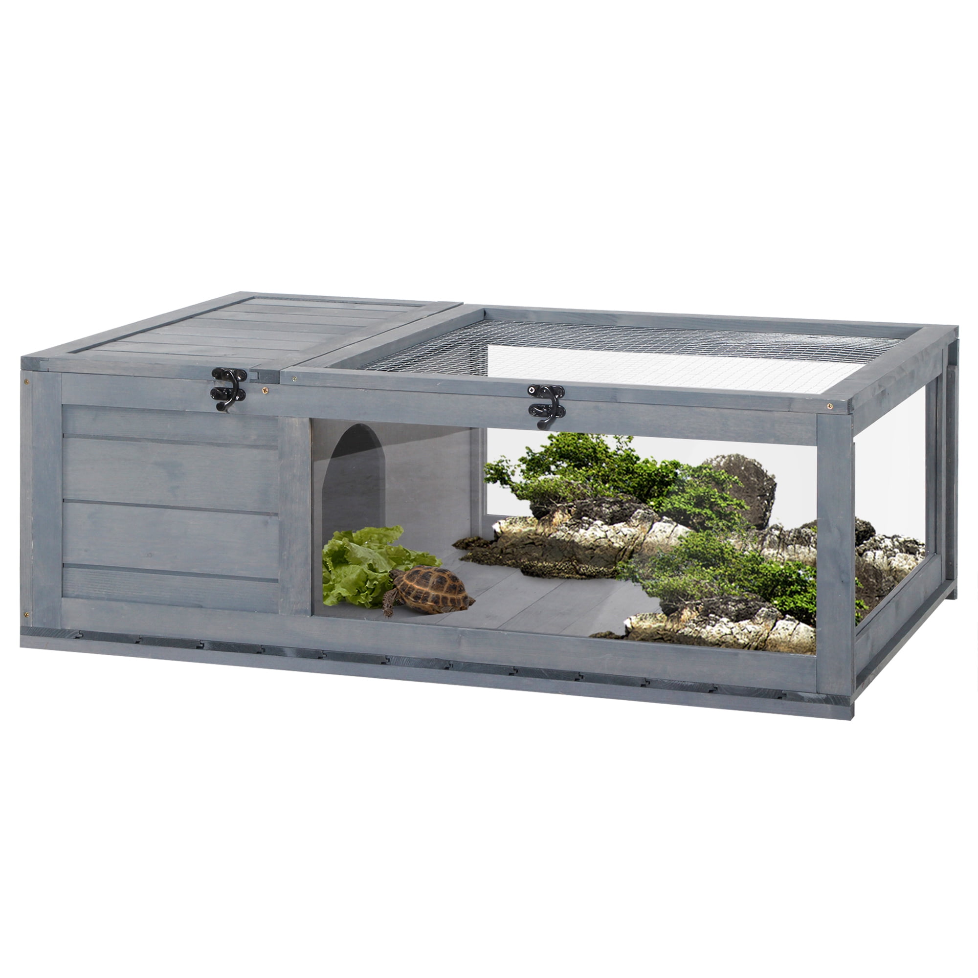 Wooden Reptile Cage Habitat with 3 Windows & Slide-Out Tray, for Turtles, Lizards & Snakes, Indoor/Outdoor Use