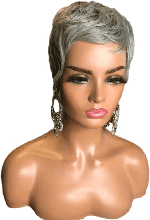SUCS Grey Short Pixie Cut Bob - 100% Human Hair Wigs For Women and Girls, Wavy Wigs, Glueless
