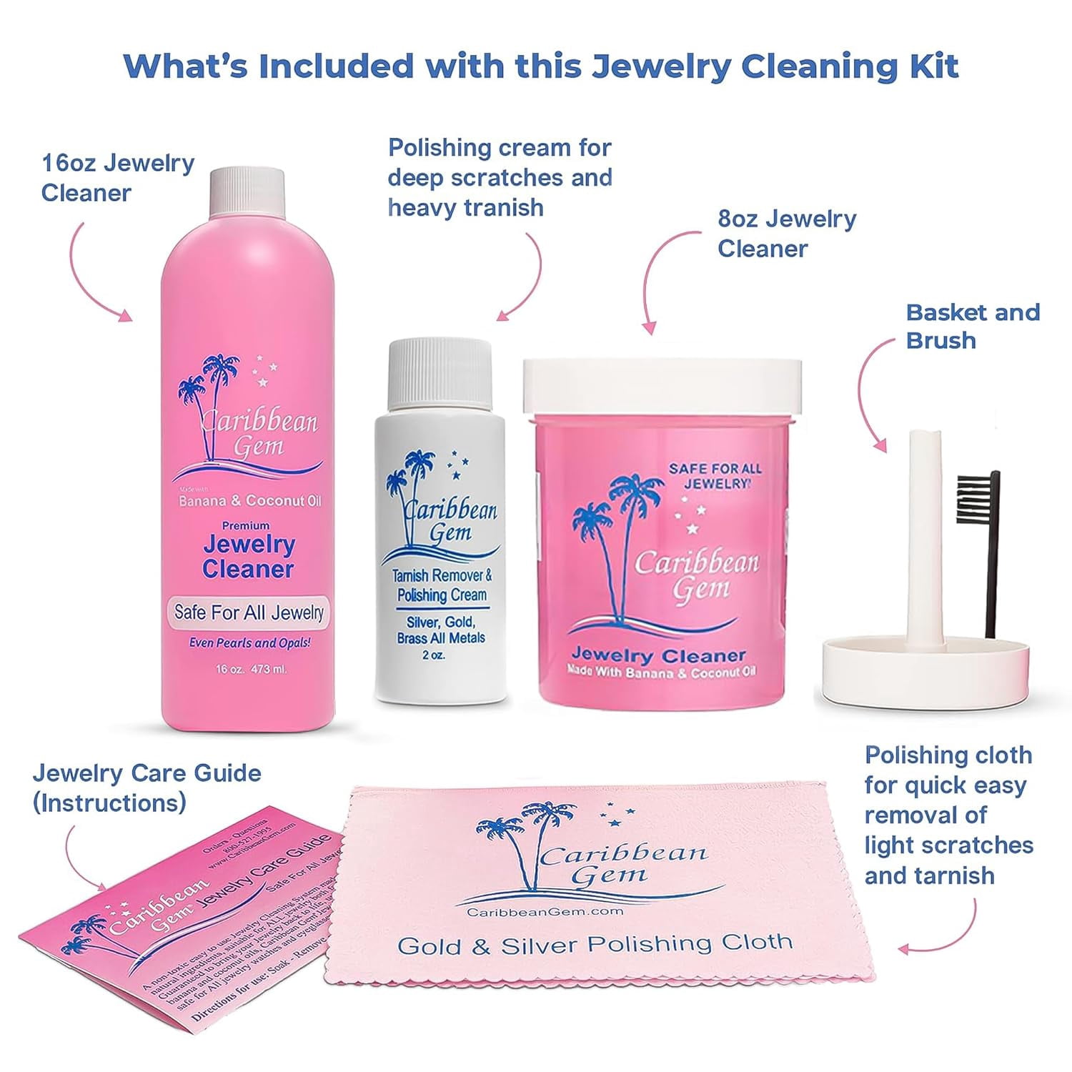 Caribbean Gem Jewelry Cleaner 16oz, Includes Basket 8oz, Brush, Polishing Cream, White, 1 Count