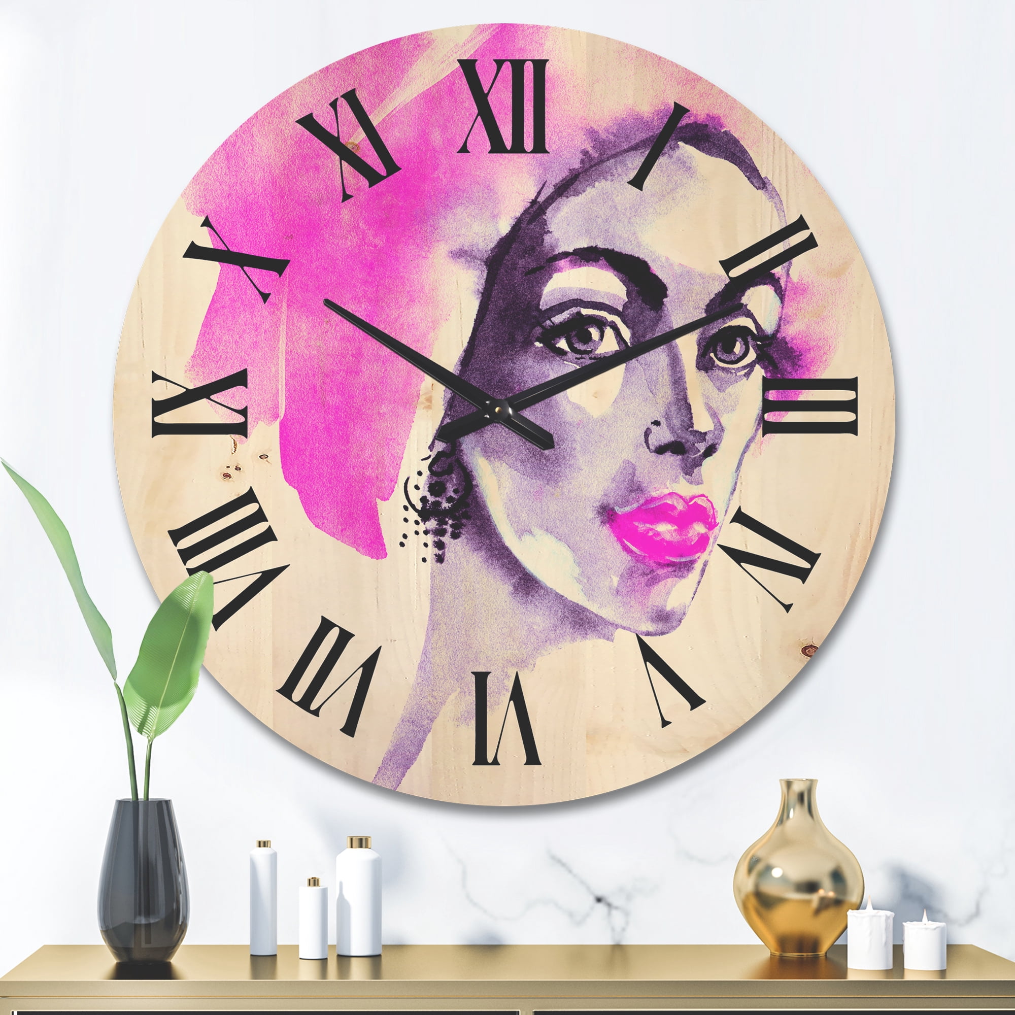 Designart 'Afro American Pink Woman Fashion Portrait' Modern Wood Wall Clock