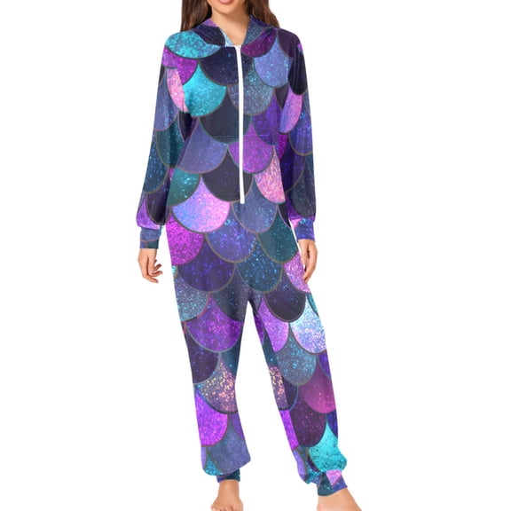 Purple Blue Mermaid Scales Adult's Hoodie Onesie Jumpsuit One-Piece Pajamas with Zipper Unisex for Holiday S