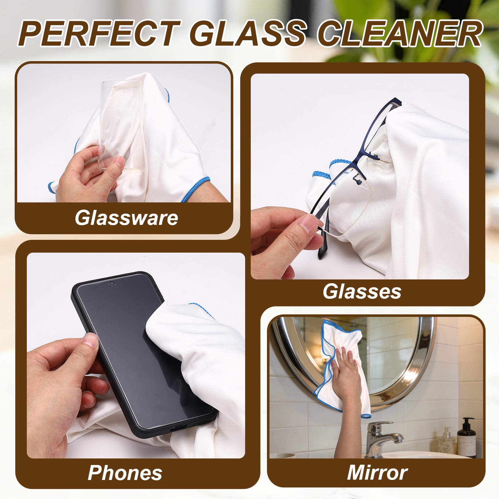 Uxcell 4Pcs Glass Polishing Cloth, 23.6x15.7" Microfiber Cleaning Cloths Lint & Streak Free Quickly Drying Towels for Glassware, Cars, Glasses, Phone Screens, Sunglasses, Blue & White