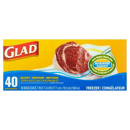 Glad Food Storage Bags, Freezer Zipper, Quart, 40 Count
