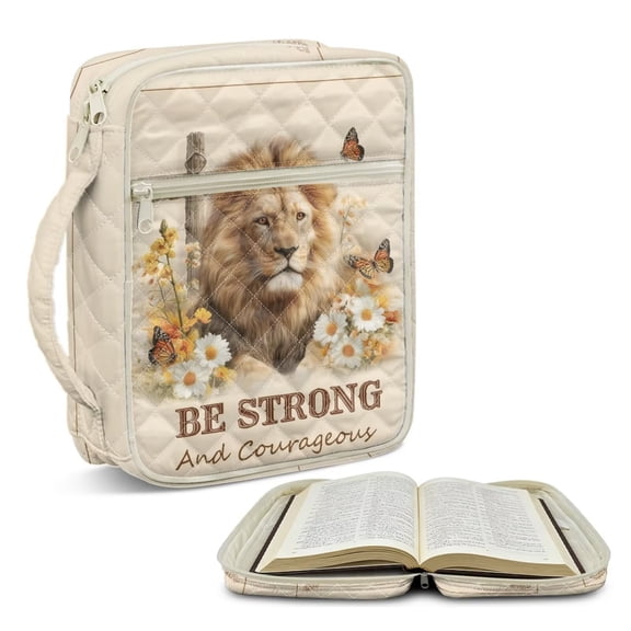 Xoenoiee Lion Cross Butterfly Daisy Flower Pattern Quilted Bible Cover for Women Men, Zippered Organizer Bag for Study Supplies Accessories Journals Church Carrying Book Carrying Case with Handle