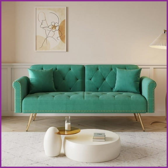 Light Luxury Green Velvet 69.7-Inch Loveseat Sofa Bed with Gold Legs - Ideal for Small Living Spaces