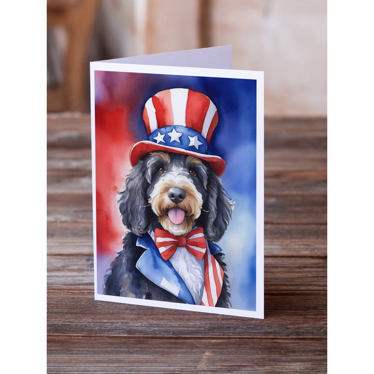 Bernedoodle Patriotic American Greeting Cards Pack of 8 7 in x 5 in