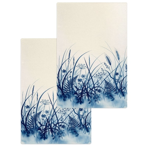 Vintage Reeds Kitchen Dish Towels for Drying Dishes Set of 2, Farmhouse Pastoral Botanical Leaves Waffle Weave Microfiber Hand Tea Bathroom Towels Quick Dry & Absorbent Towel 15.7x23.6