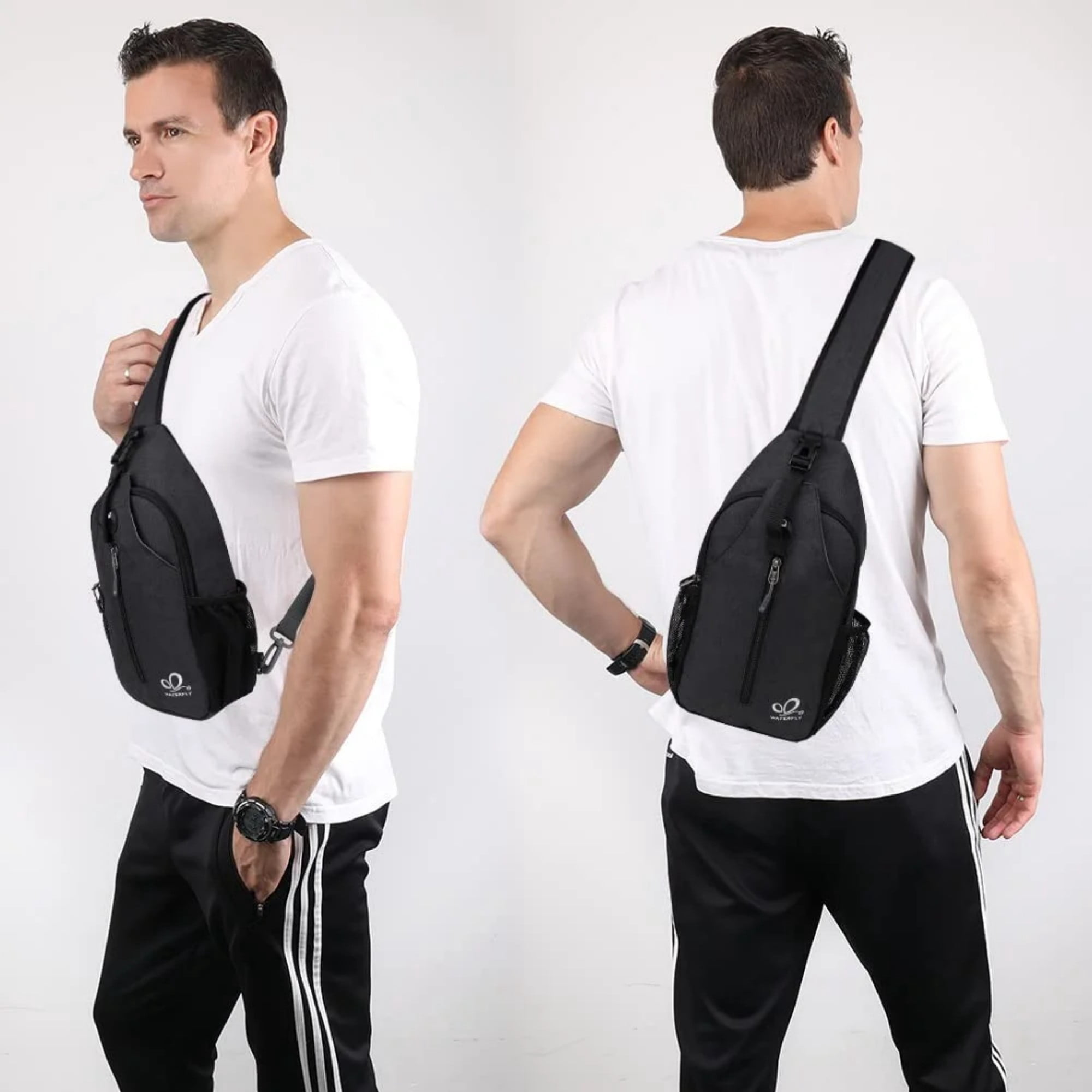 WATERFLY Unisex Hiking Travel Nylon Sling Bag Cross-Body Shoulder Chest Bag,Black
