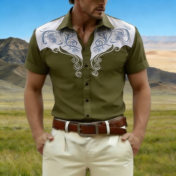 HOWPAY Button down Shirt Men Short Sleeve Summer Western Cowboy Print Beach Vacation Tops Regular Fit Casual Lightweight Comfy Shirts Army Green L