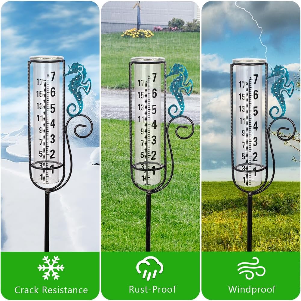 HRTGFD-Rain Gauge Outdoor,7 Inch Glass Decorative Rain Gauge Seahorses Rain Guage Rain Measure Gauge with Metal Stake for Garden Patio Lawn