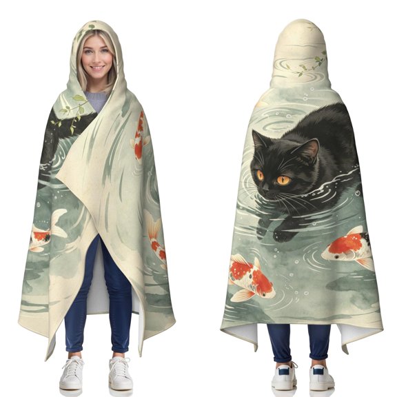 Vintage Black Cat Wearable Blanket Hoodies for Women Men Adults Cat Lovers Soft Lightweight Koi Cat Hooded Blankets for Couch Camping Decor Birthday Gifts 50×60 Inch