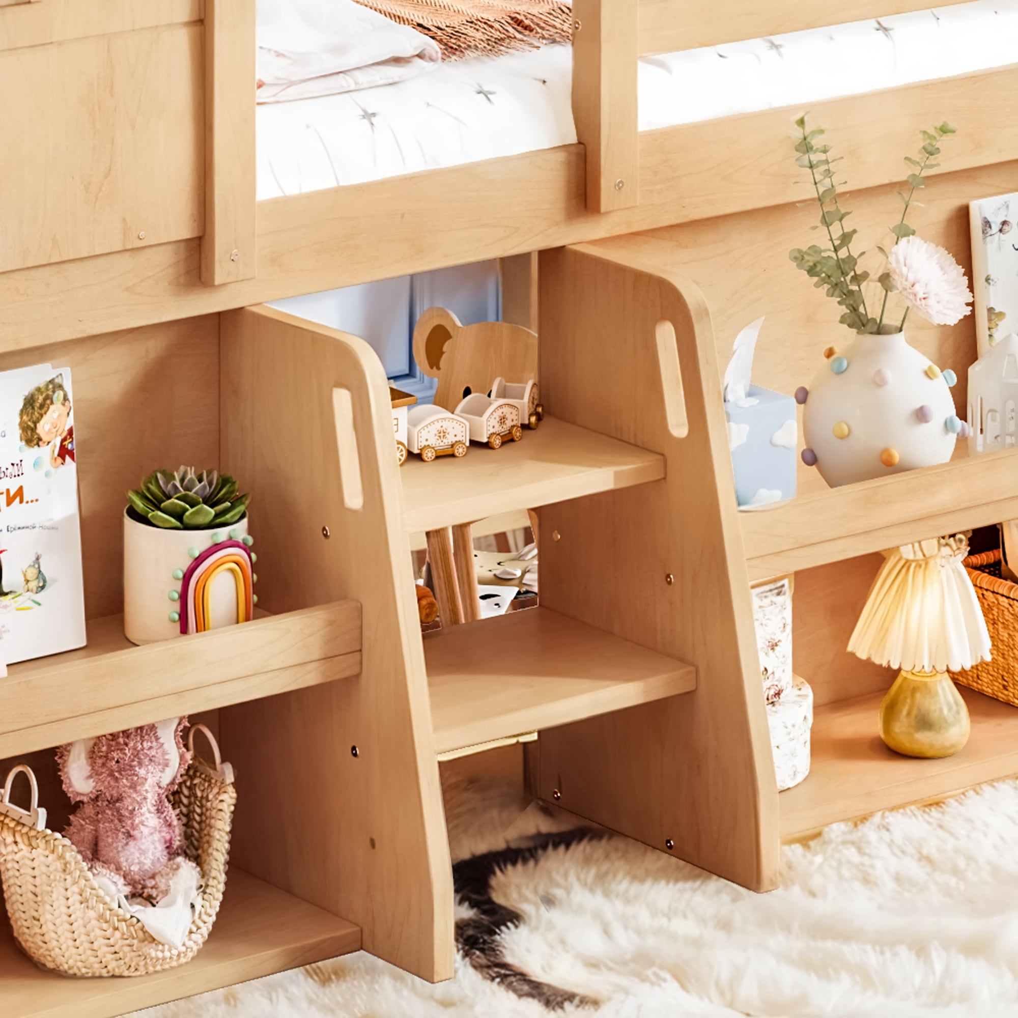 Leumius Twin Size Loft Bed with Storage Shelves and Stairs, House Loft Bed with Playhouse Shape Roof and Window, Childlike and No Box Spring Needed Design, Natural
