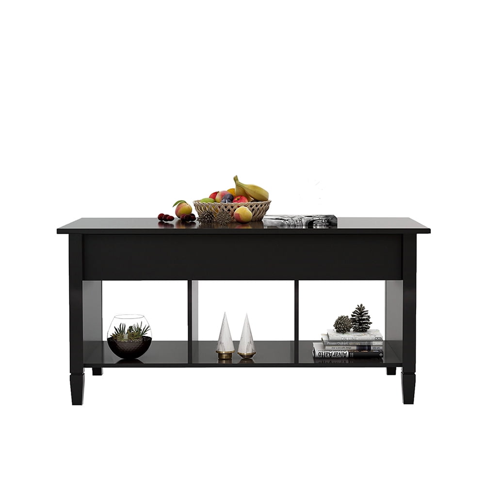 Lowestbest Wooden Lift Top Coffee Table, Dining Table w/Hidden Storage Compartment & Lower 3 Cube Open Shelves, Black