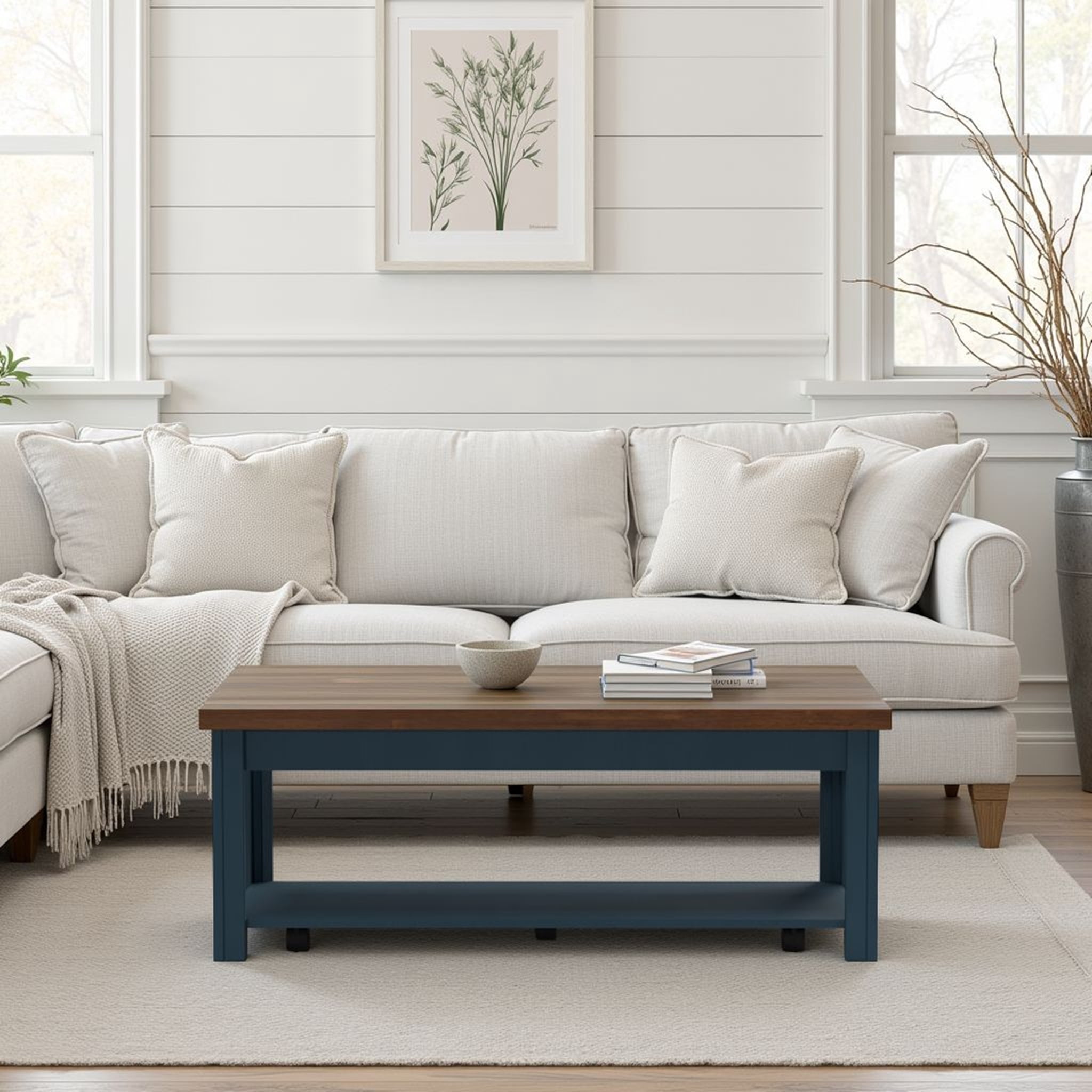 Nantucket 48 inch Coffee Table, No Assembly Required, Blue Denim and Whiskey Finish