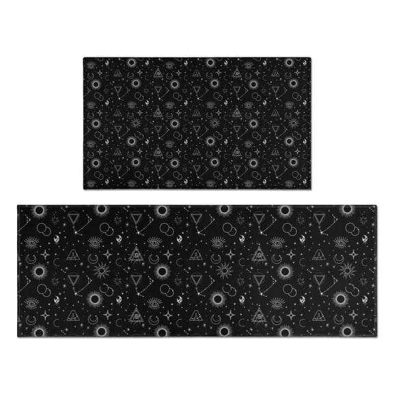 Black White Gothic Geometry Sun Moon Pattern Kitchen Rugs Sets Of 2,Anti Fatigue Kitchen Mat Rugs Non Slip Washable,Decorative Kitchen Floor Mats for Kitchen,Sink,Laundry,17"x30" 17"x47"