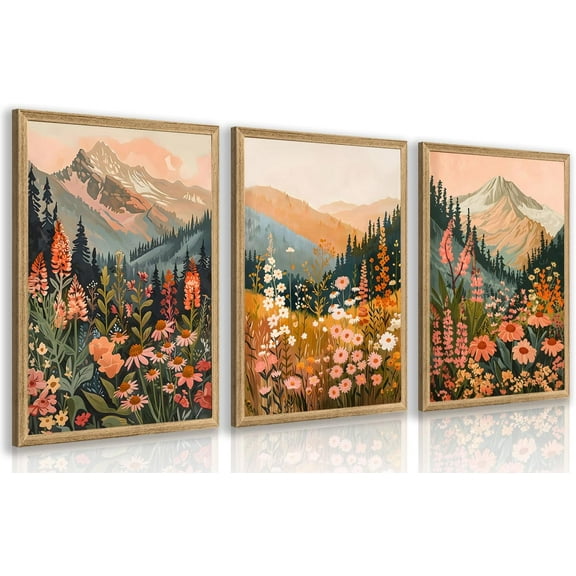 FCCUYE Framed Mountain Daisy Wildflower Landscape Wall Art, Boho Floral Wall Decor, Colorful Daisy Flower Canvas Paintings, Vintage Nature Botanical Poster Prints for Living Room Bedroom 12"x16"x3