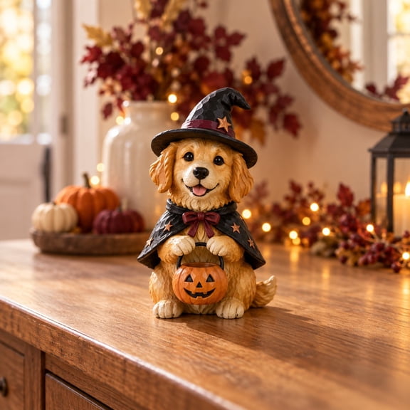 3-Layer Halloween Dog Tabletop Decor, Golden Retriever Witch Wooden Accent for Pet Lovers