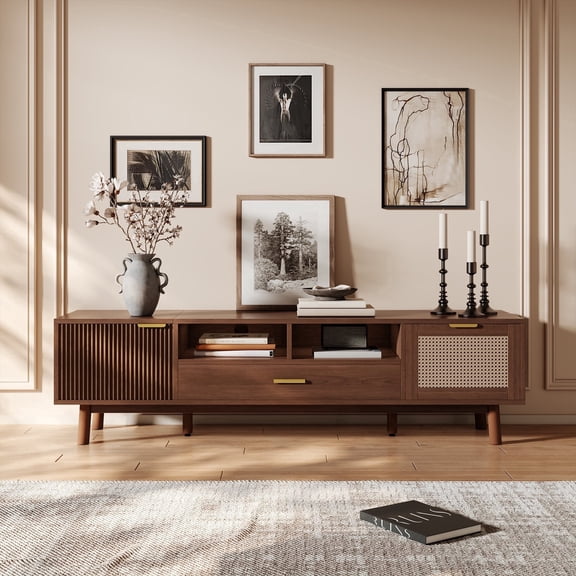 Bbbnuuiy Walnut Brown TV Stand, Modern Chic Entertainment Center for TVs Up to 80 inches, TV Console with Stroage, Streamlined Design, Media Console for Living Room