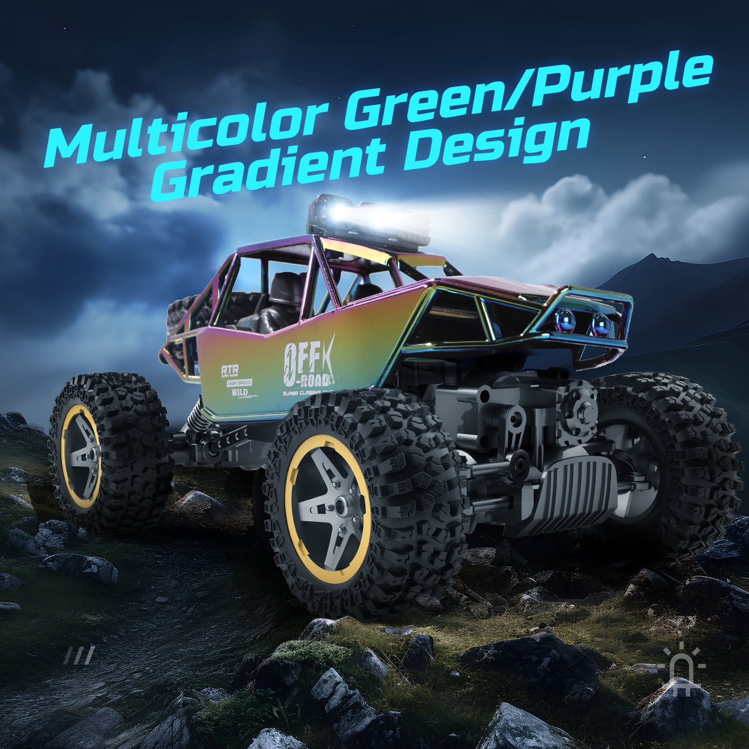JoyStone 4WD RC Cars, 1:16 Off Road Monster Truck with LED Headlight Rock Crawler, 2 Batteries for 70+ Min Play, Gift Toys for Girls Kids Boys (Green & Purple)