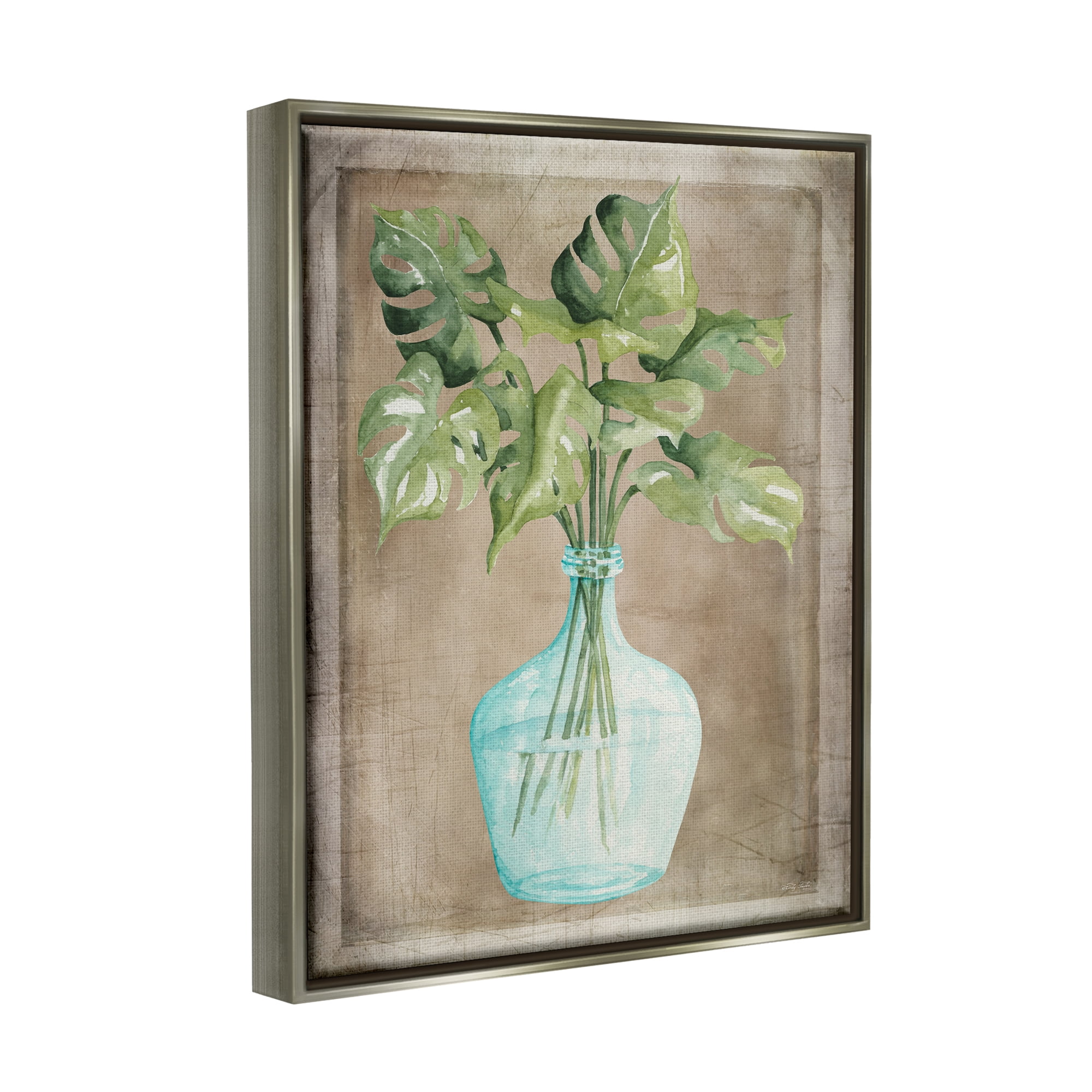 Stupell Industries Monstera Leaves Glass Vase Potted House Plant Painting Luster Gray Floating Framed Canvas Print Wall Art, Design by Cindy Jacobs