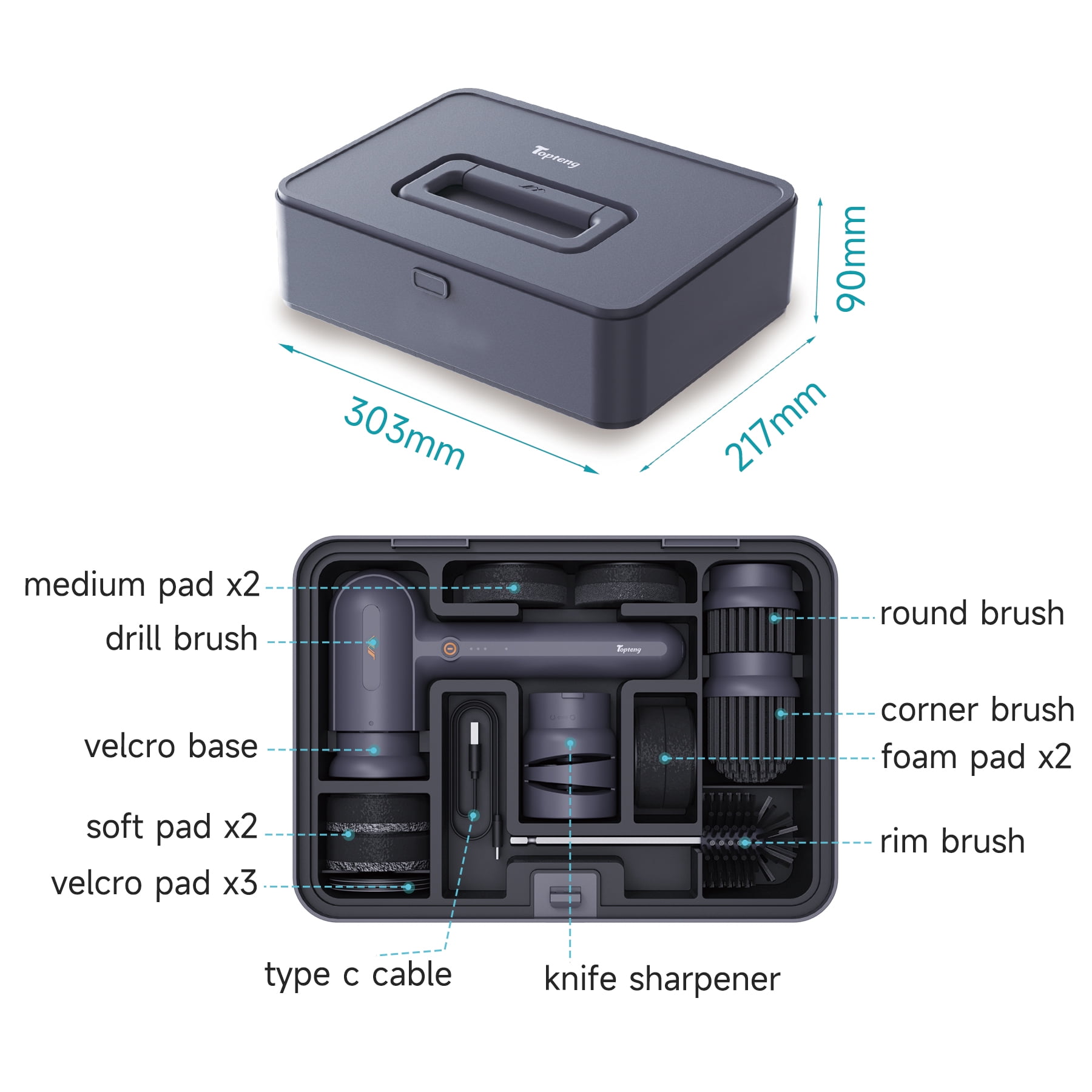15-in-1 Electric Cleaning Kit Tool Case with Scrubbing Pads & Brushes, Includes Electric Knife Sharpener and Type-C Cable