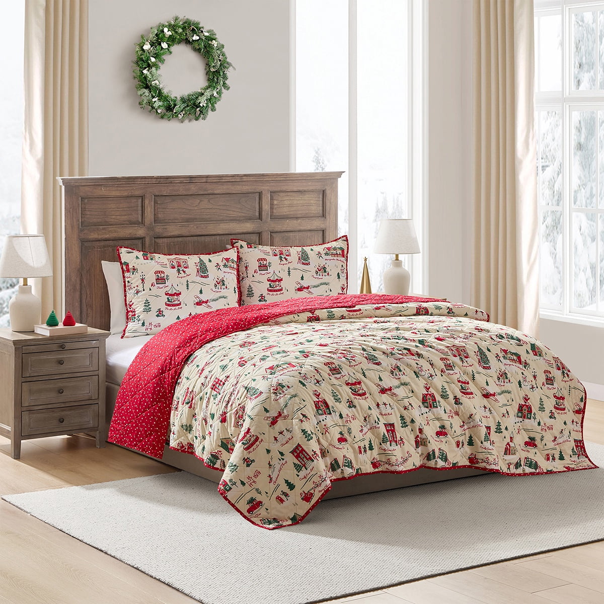 Hallmark Multi Christmas Village 3-Piece Adult Holiday Quilt Set, Full/Queen