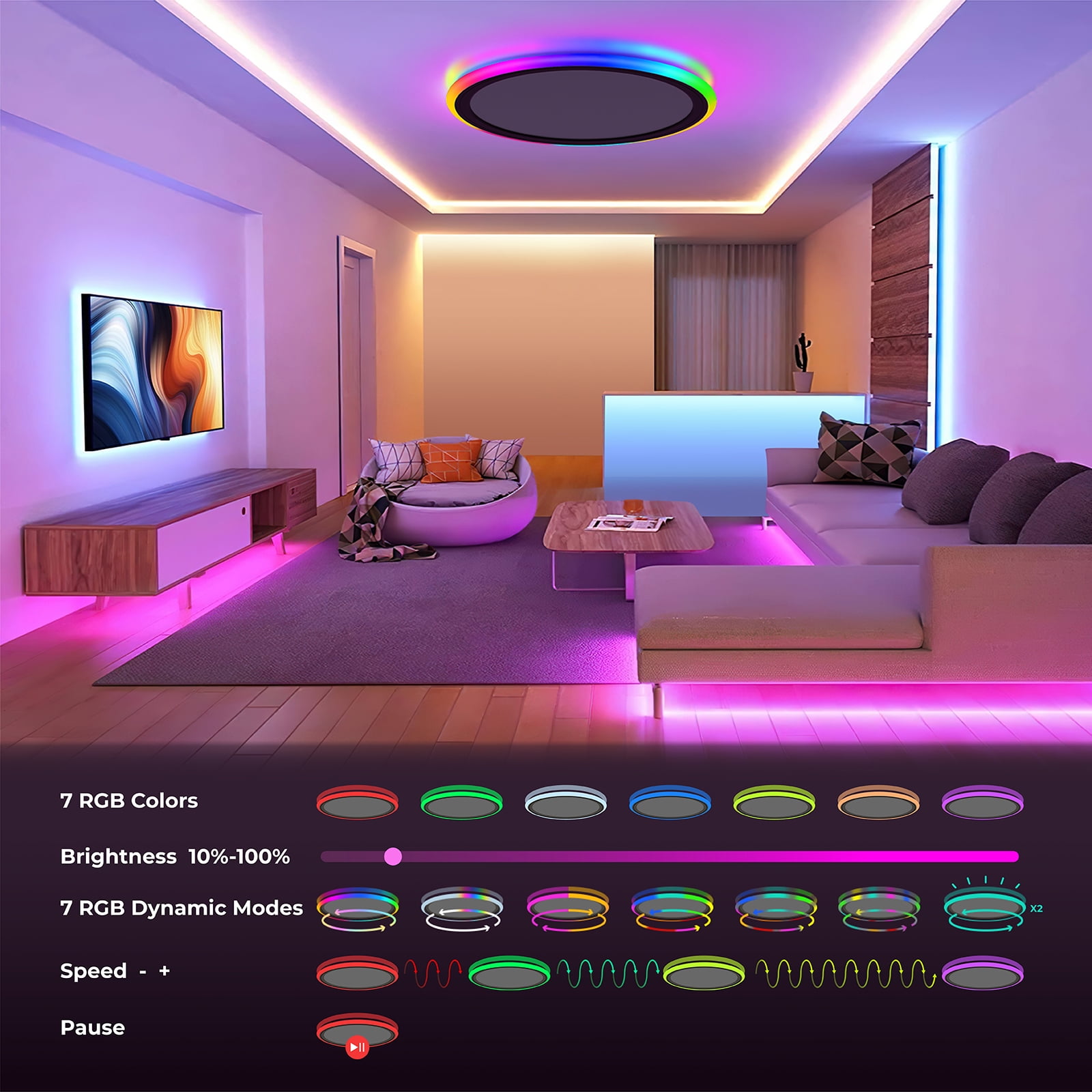 BLNAN 13'' RGB Flush Mount Ceiling Light with Remote Control, 24W 2400LM 3000K-6500K Dimmable Color Changing Wired Led Light Fixture for Bedroom Kids Room Party Festival, Black