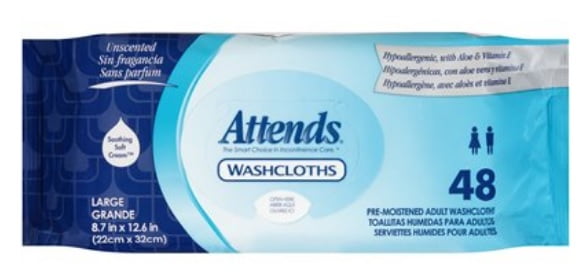 Attends Washcloths, Pre-Moistened Adult Washcloths Unscented, Large, 48 Count