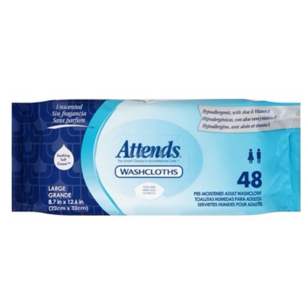 Attends Washcloths, PreMoistened Adult Washcloths Unscented, Large, 48