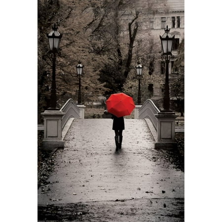 Canvas Wall Art Black & White with Red Umbrella, 21.5" x 32.5