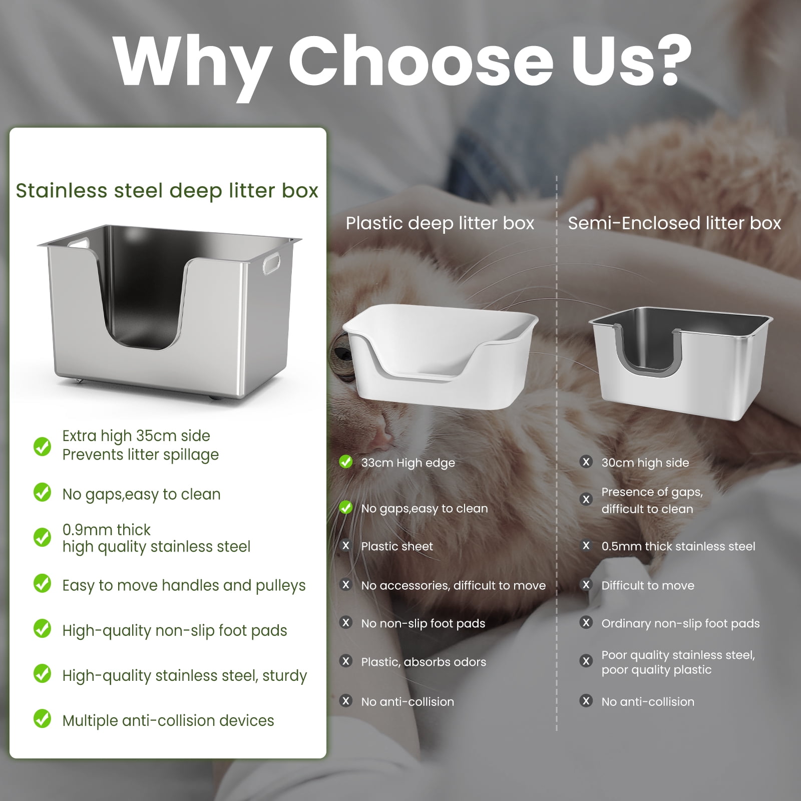 Ptlom Extra Large Stainless Steel Litter Box with 13.7'' High Sides Leak Proof