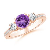 ANGARA Natural Classic Three Stone Amethyst and Diamond Ring in 14K Rose Gold for Women (Size-6mm) | February Birthstone, Birthday, Anniversary, Jewelry Gift for Women | Natural Amethyst Ring