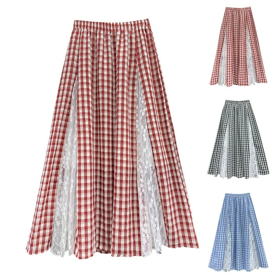 yueewhu Women Plaid Skirt Blue and White Elastic Waist Elegant Long Dress Lace Maxi Flared Skirt (Black, One Size)