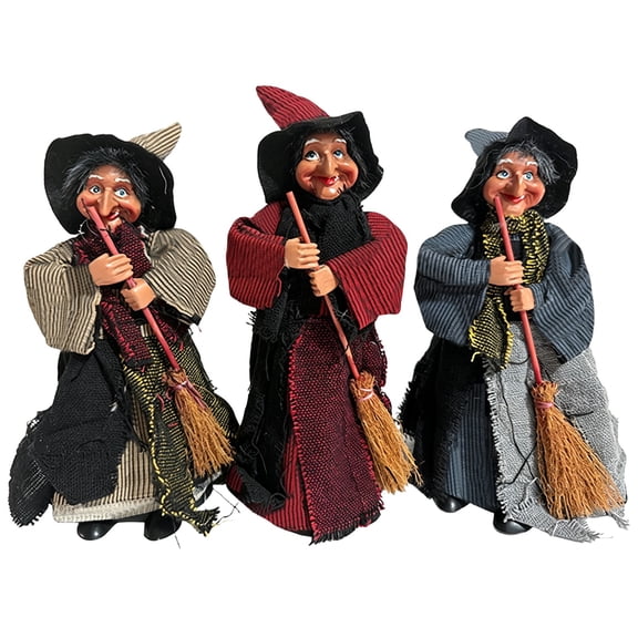 Clearance Under $6.29! 3 Pack Hanging Witch Doll Figurines with Brooms, Plaid Halloween Outdoor Decor