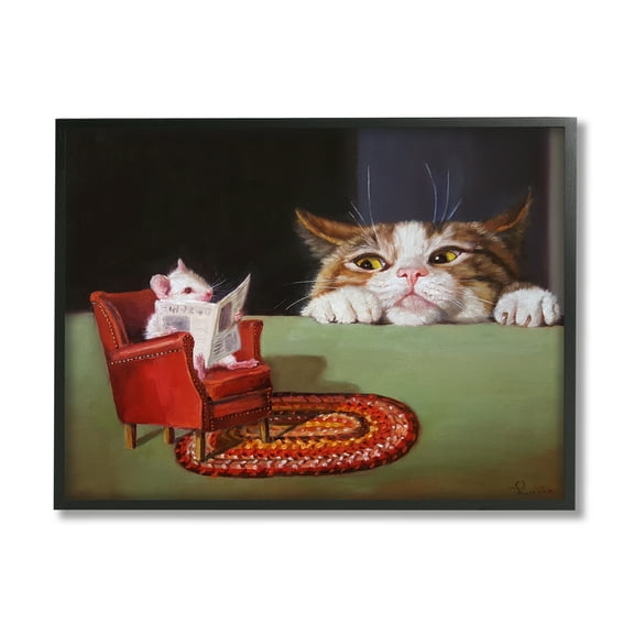 Stupell Industries Manx Cat Watching Mouse Animals & Insects Painting Black Framed Art Print Wall Art, 14 x 11